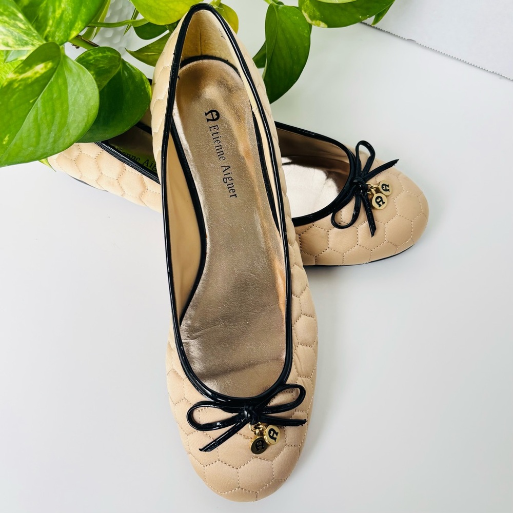 Etienne Aigner Cream and Black Flats with Bow Detail